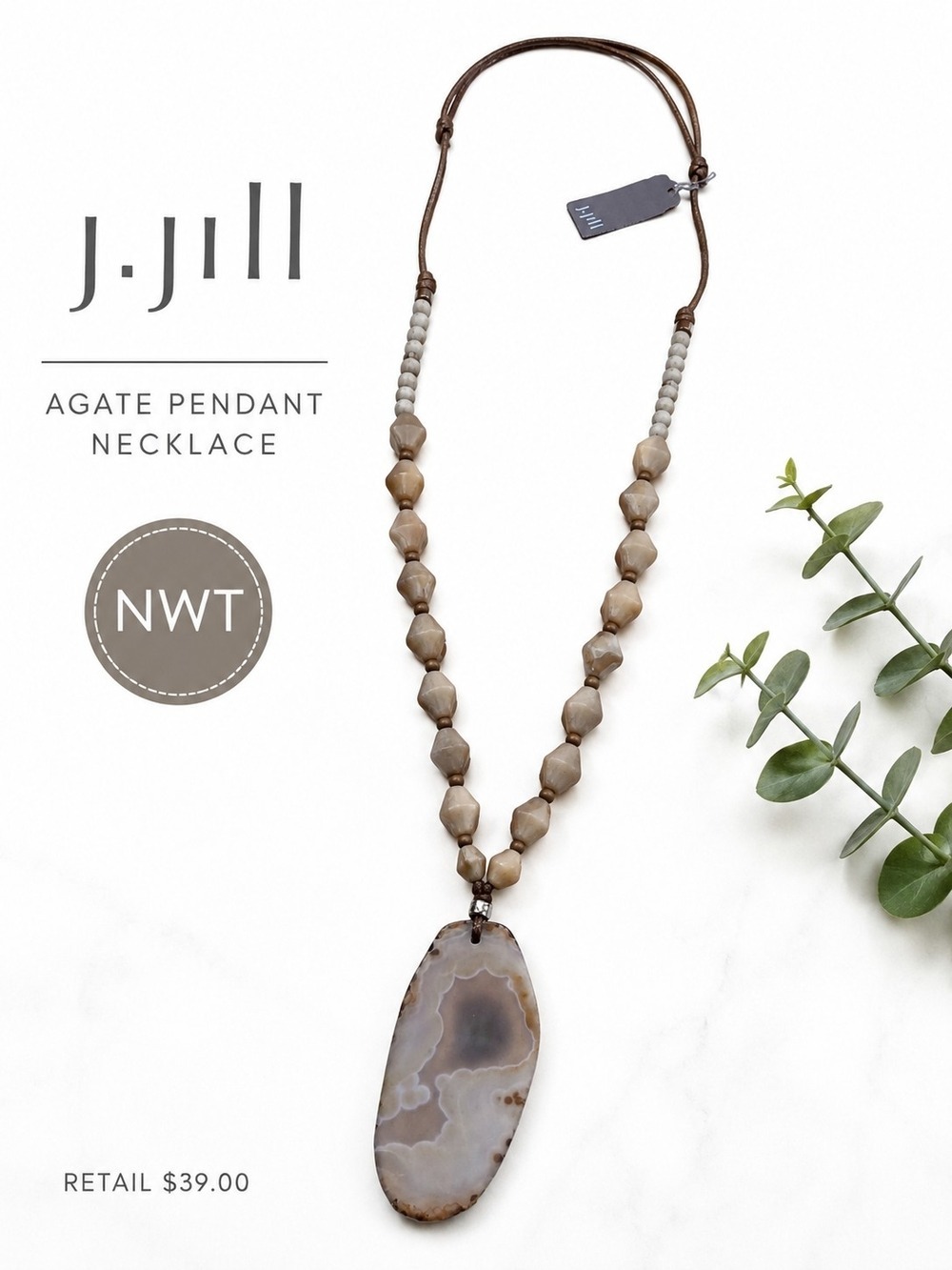 J. Jill Neutral Agate Slab Pendant Necklace NWT Beaded Boho Adjustable Cord